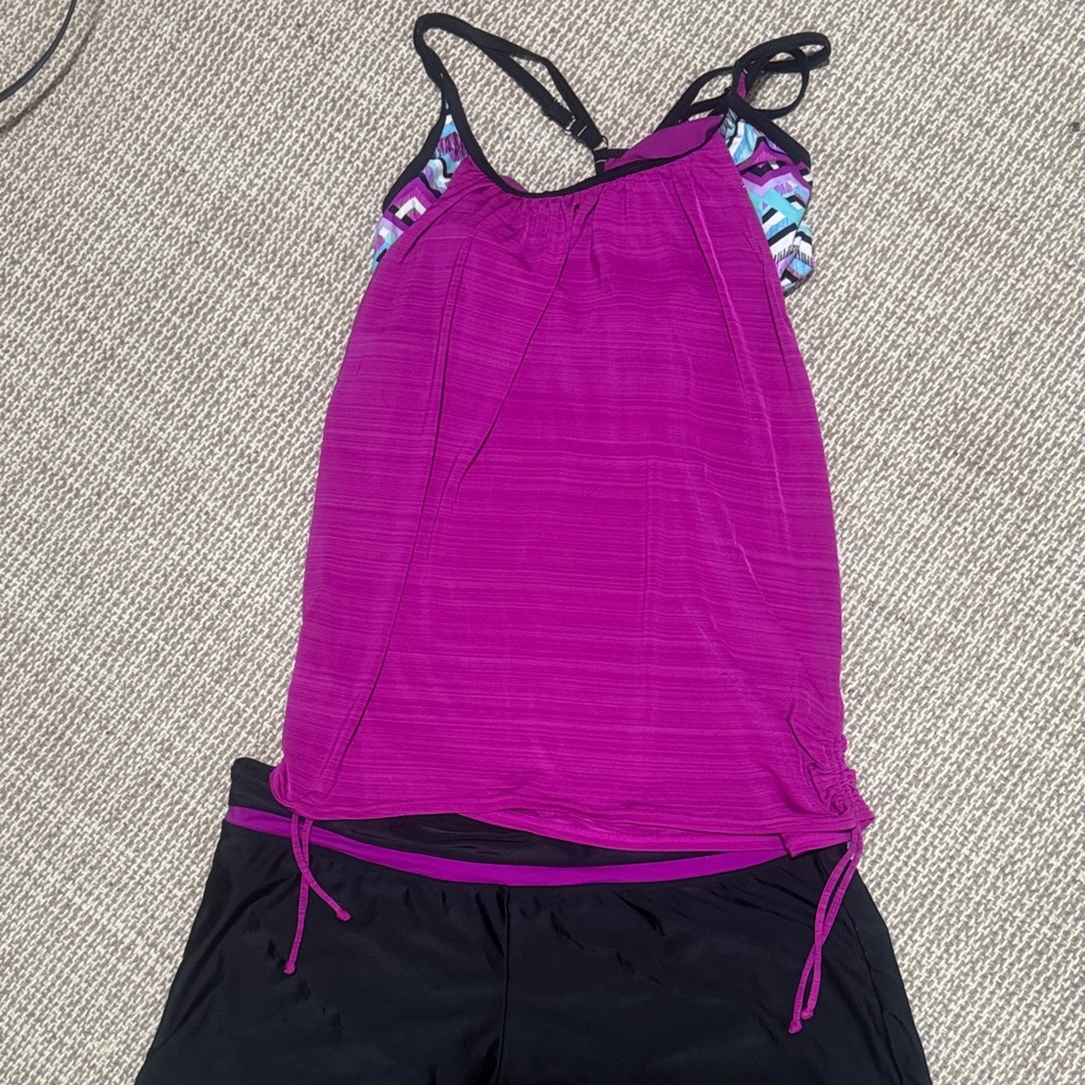 Two-Piece Tankini Swim Top in Fuchsia with Black Shorts